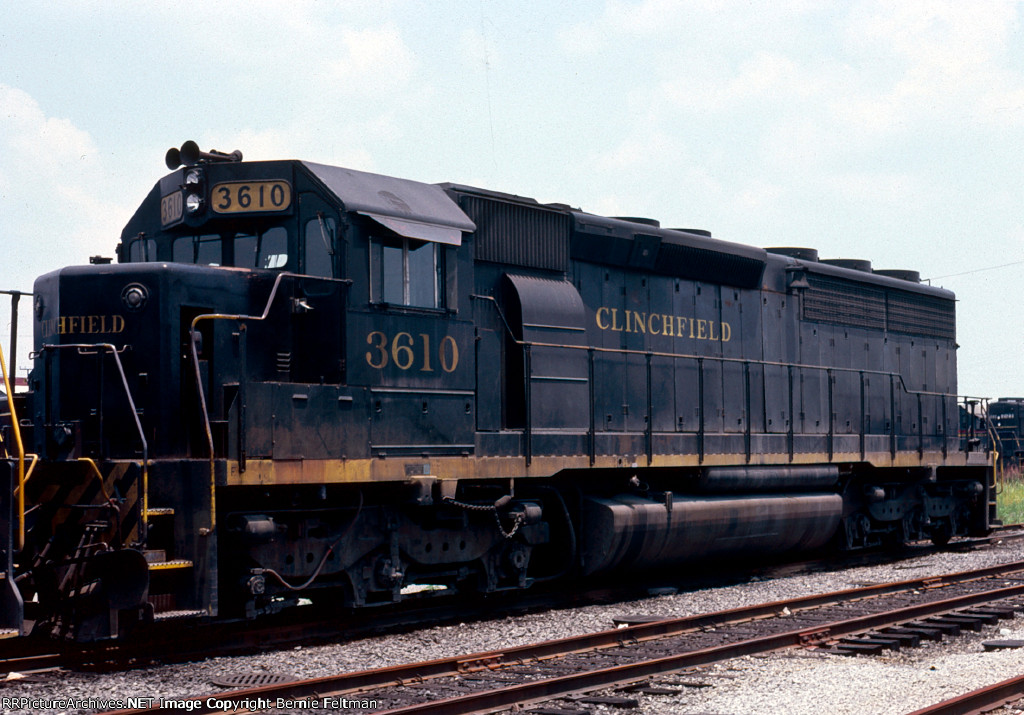 Clinchfield Railroad SD45-2 #3610, sitting at the diesel shop,  